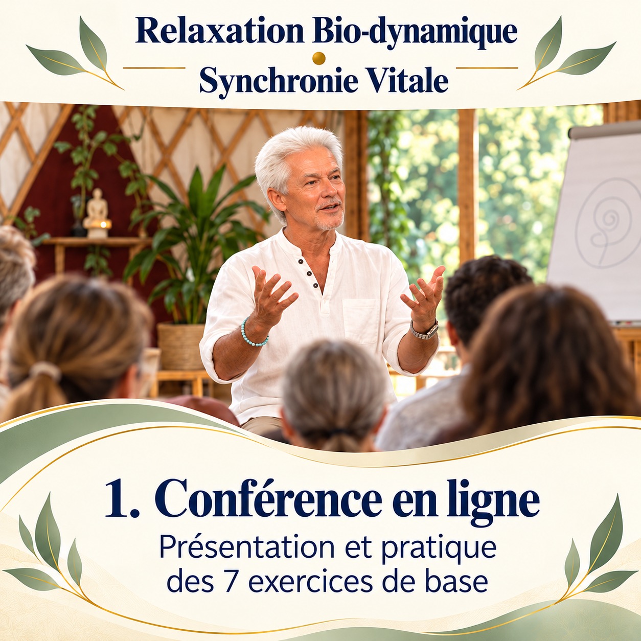 Visuel de la conférence en ligne de Pierre Pyronnet : présentation et pratique des 7 exercices de base de Relaxation Bio-dynamique.