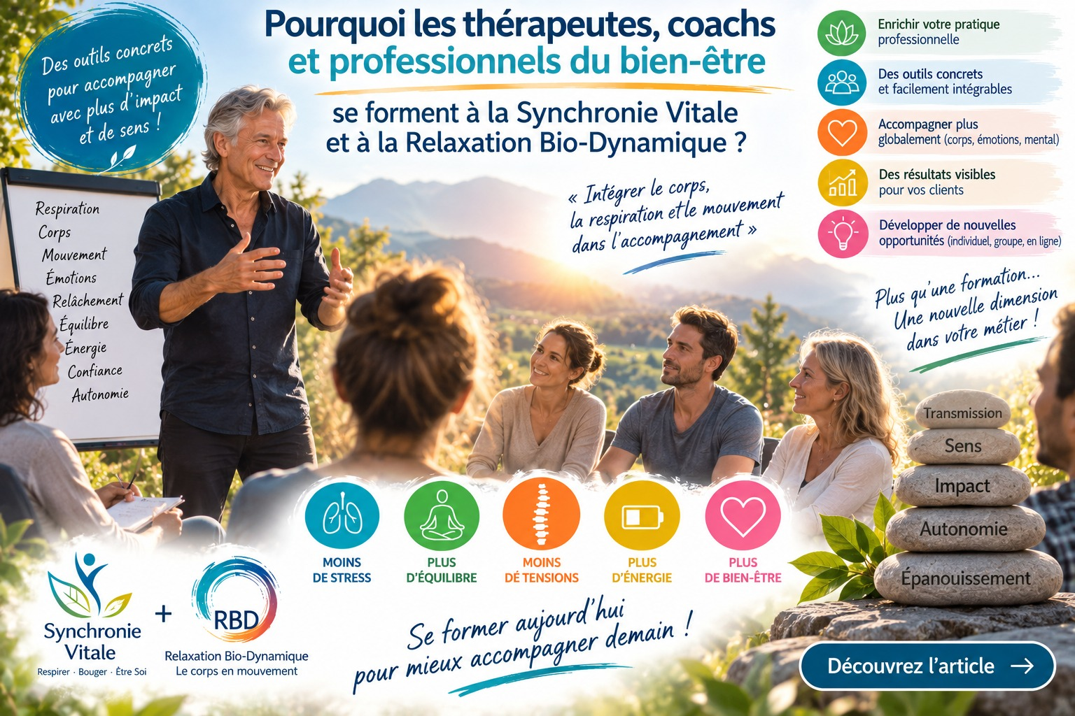 Pierre Pyronnet en formation avec des professionnels du bien-être : respiration, corps, mouvement, émotions, relâchement, équilibre, énergie, confiance et autonomie