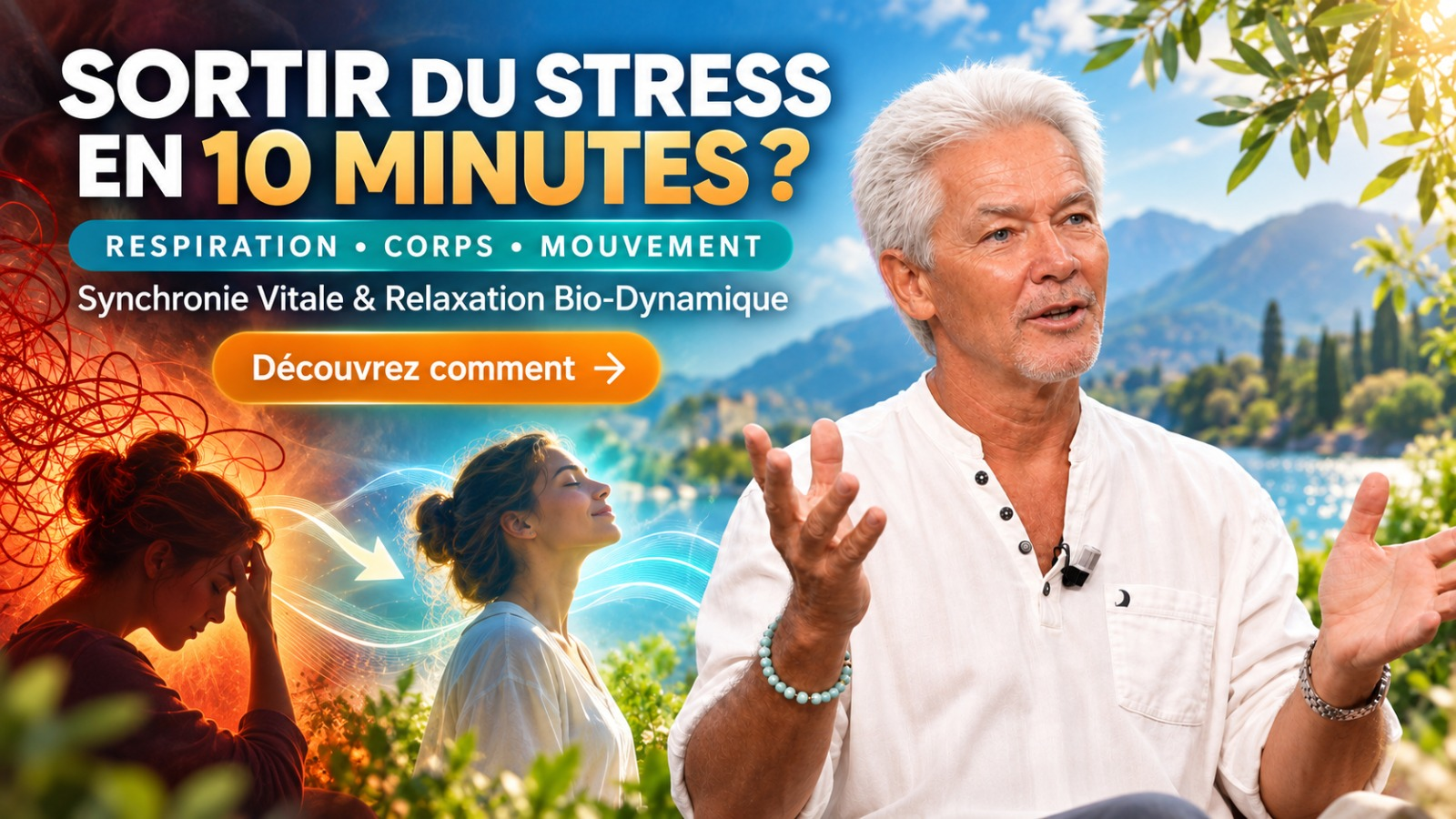 Pierre Pyronnet présente la pratique Synchronie Vitale et Relaxation Bio-Dynamique pour sortir du stress en 10 minutes grâce à la respiration, au corps et au mouvement
