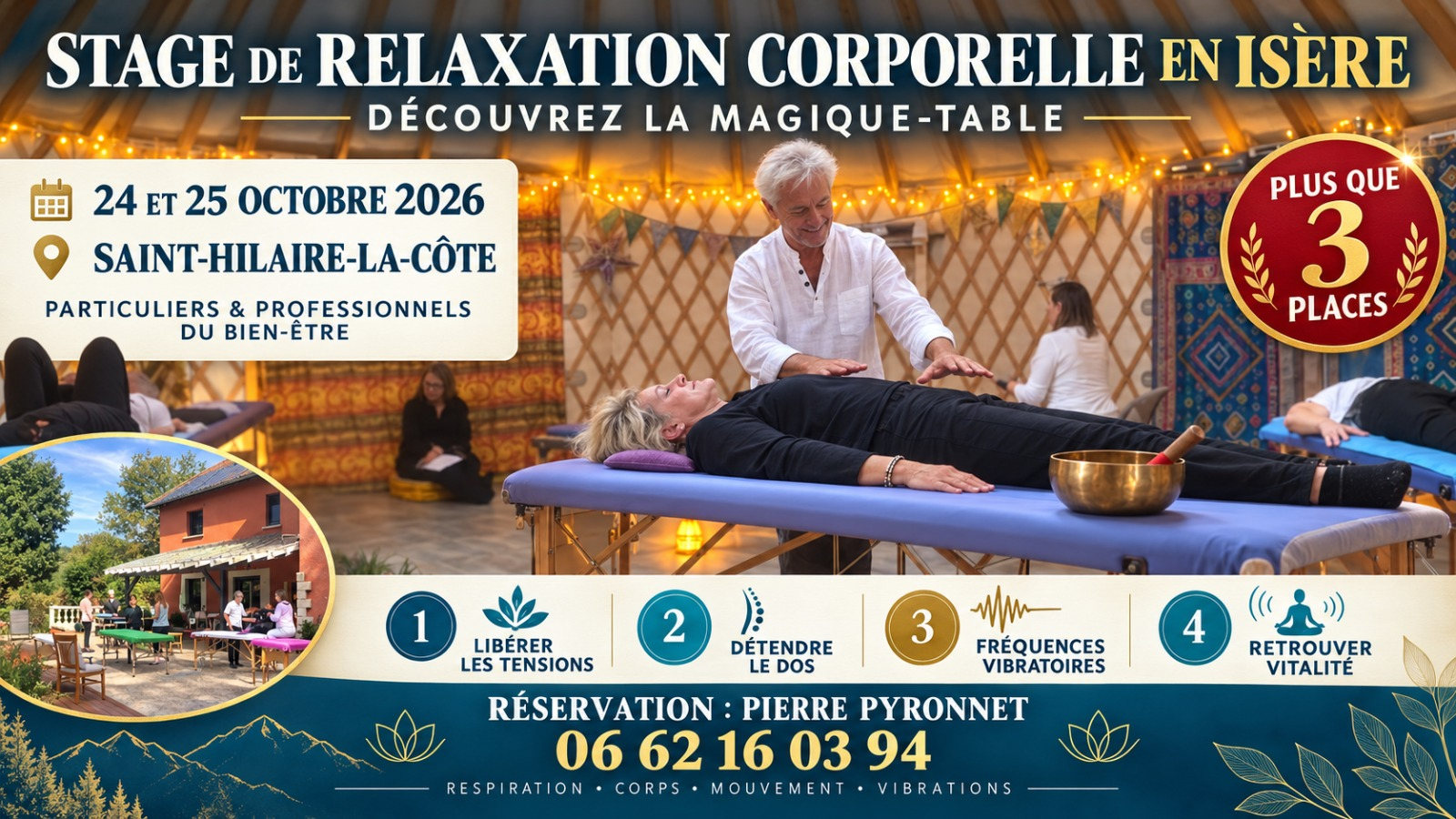 Affiche du stage de relaxation corporelle en Isère les 24 et 25 octobre 2026 à Saint-Hilaire-la-Côte avec Pierre Pyronnet