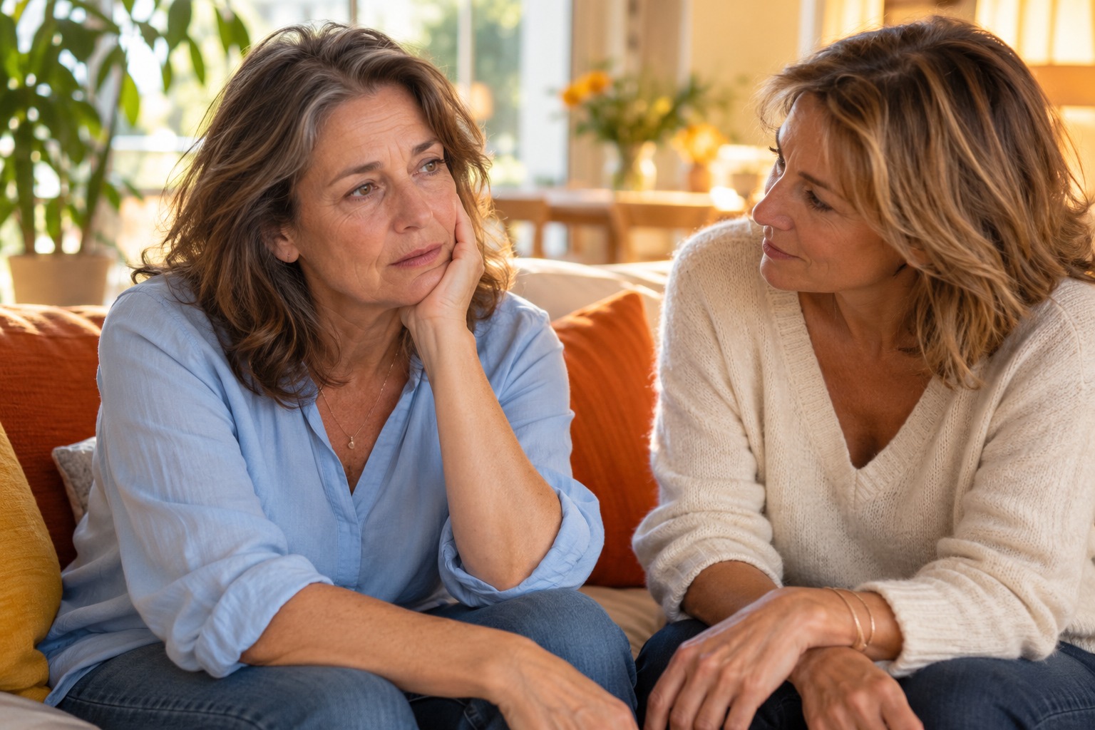 Deux femmes échangent avec bienveillance dans un salon lumineux : parler de la fatigue et de l'anxiété à la ménopause