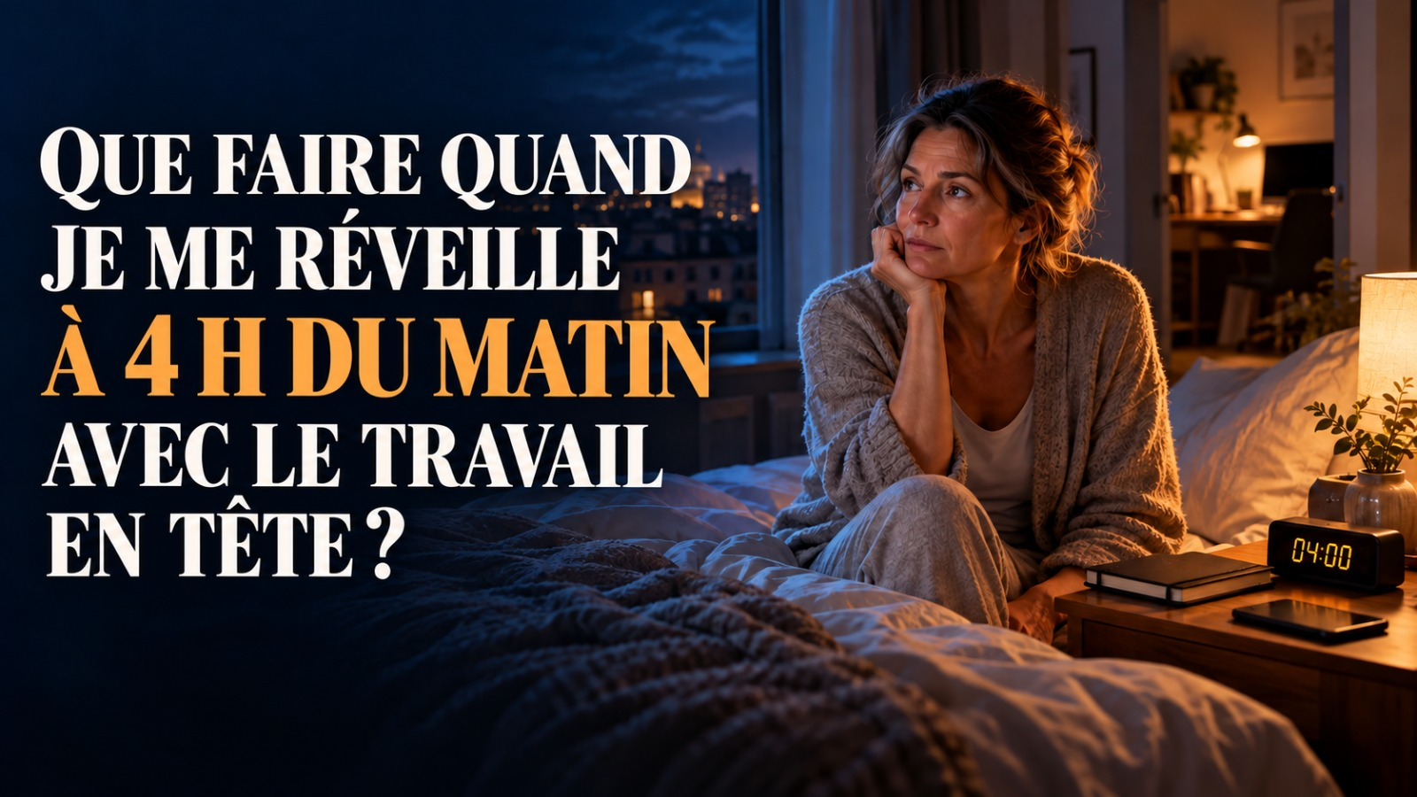 Une femme éveillée dans son lit à 4 h du matin, préoccupée par le travail