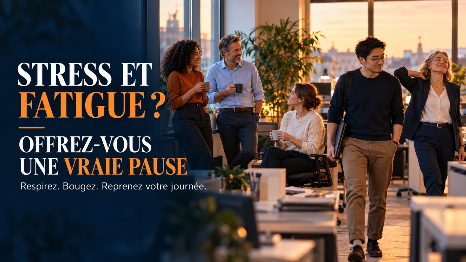 Collègues de bureau faisant une pause détendue autour d'un café en fin de journée