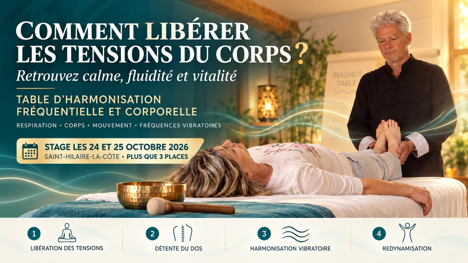 Pierre Pyronnet accompagnant une personne allongée sur la Table d'Harmonisation Fréquentielle et Corporelle, avec bol tibétain