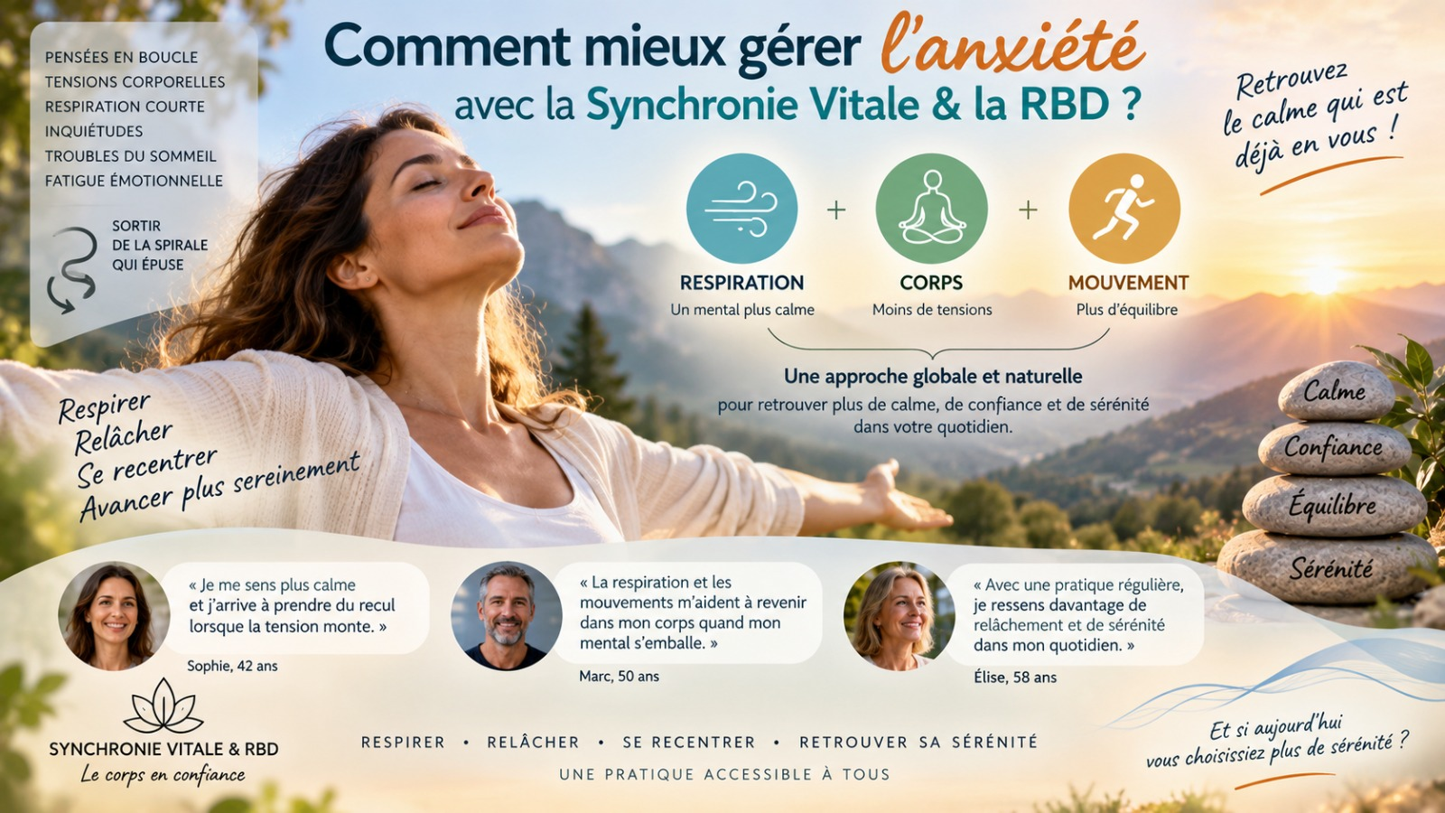 Femme respirant les bras ouverts face à la montagne — mieux gérer l'anxiété avec la Synchronie Vitale et la RBD