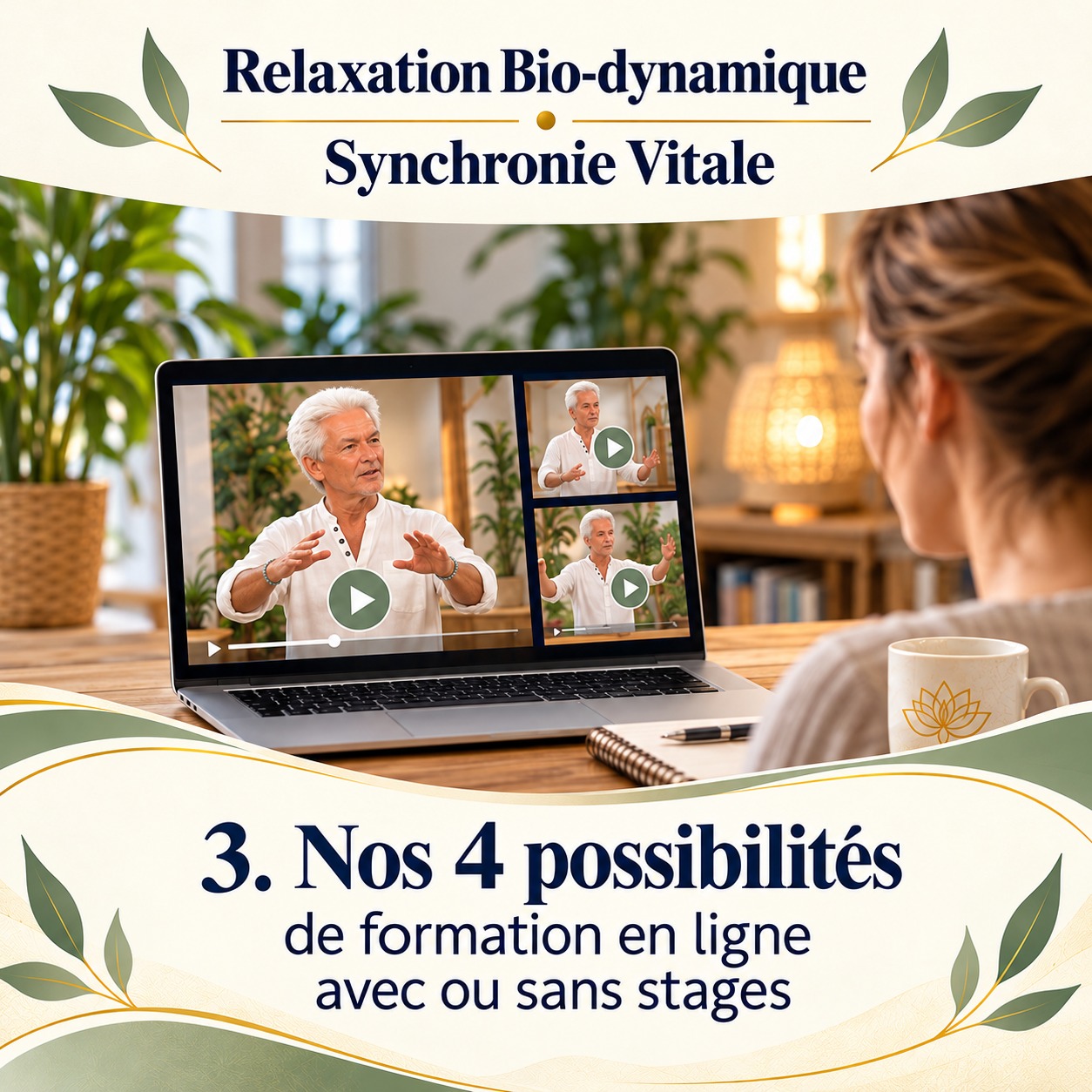 Visuel des 4 possibilités de formation en ligne avec Pierre Pyronnet, avec ou sans stages, montrant des vidéos guidées sur ordinateur.