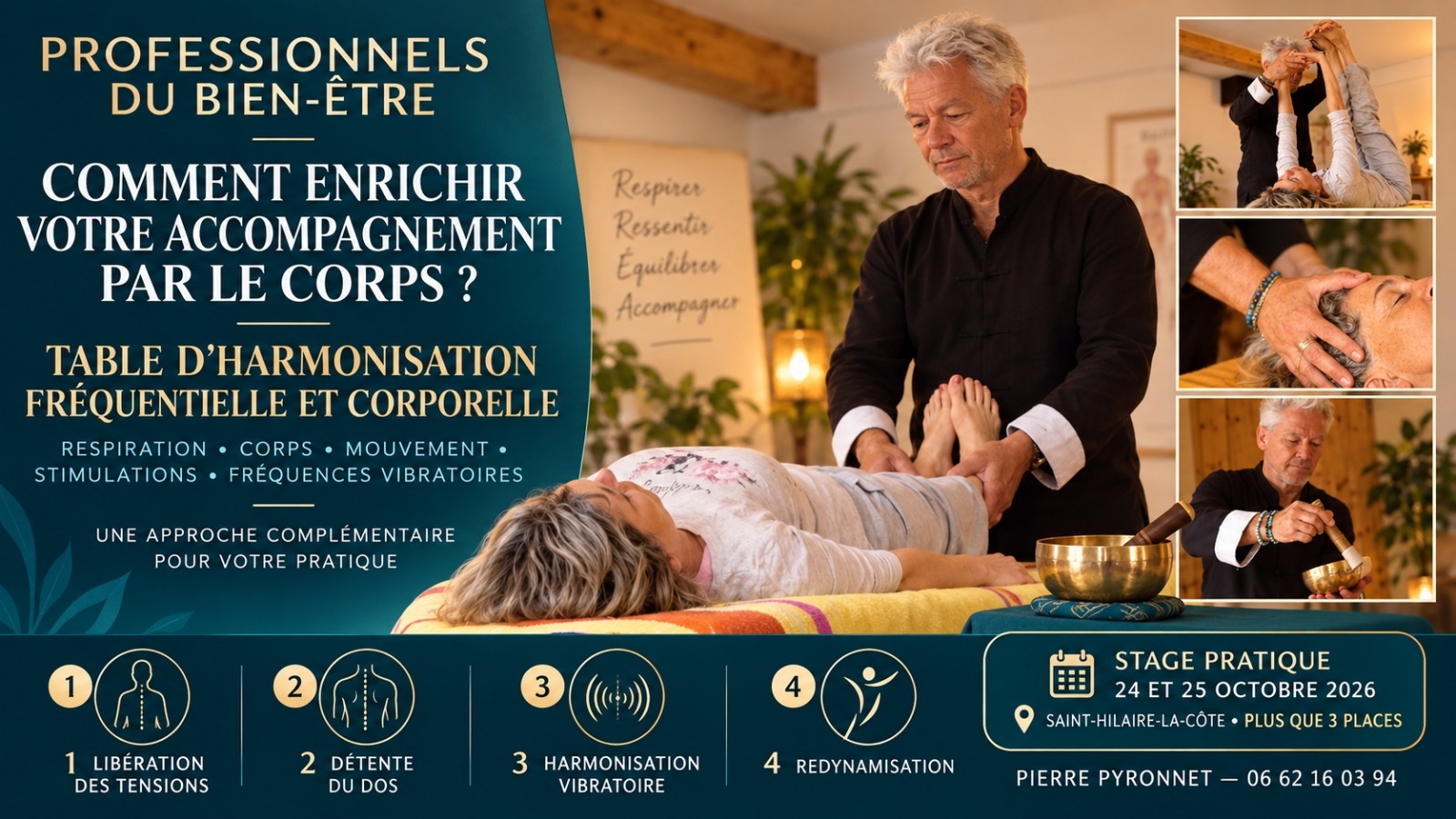 Pierre Pyronnet accompagnant une personne sur la Table d'Harmonisation Fréquentielle et Corporelle avec bol tibétain