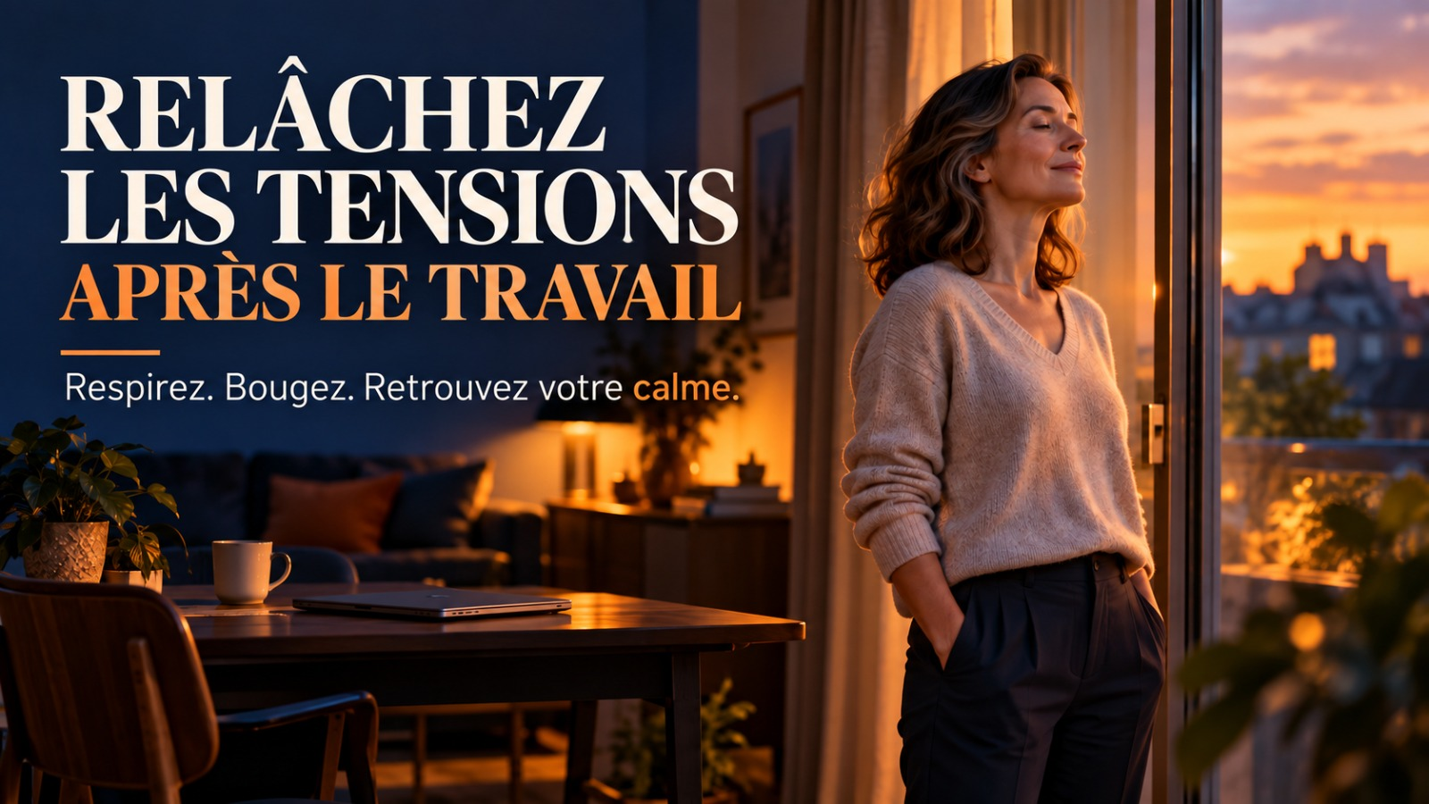 Femme détendue les yeux fermés près d'une fenêtre au coucher du soleil après sa journée de travail