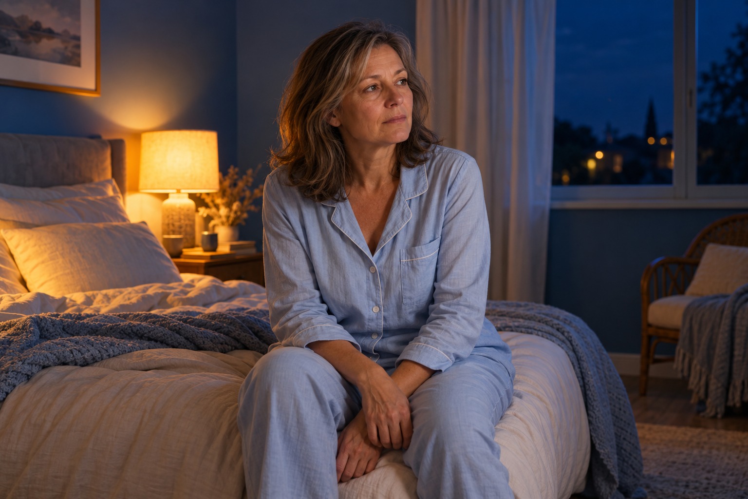Femme assise sur son lit en pyjama, la nuit, dans une chambre à la lumière douce : réveils nocturnes à la ménopause