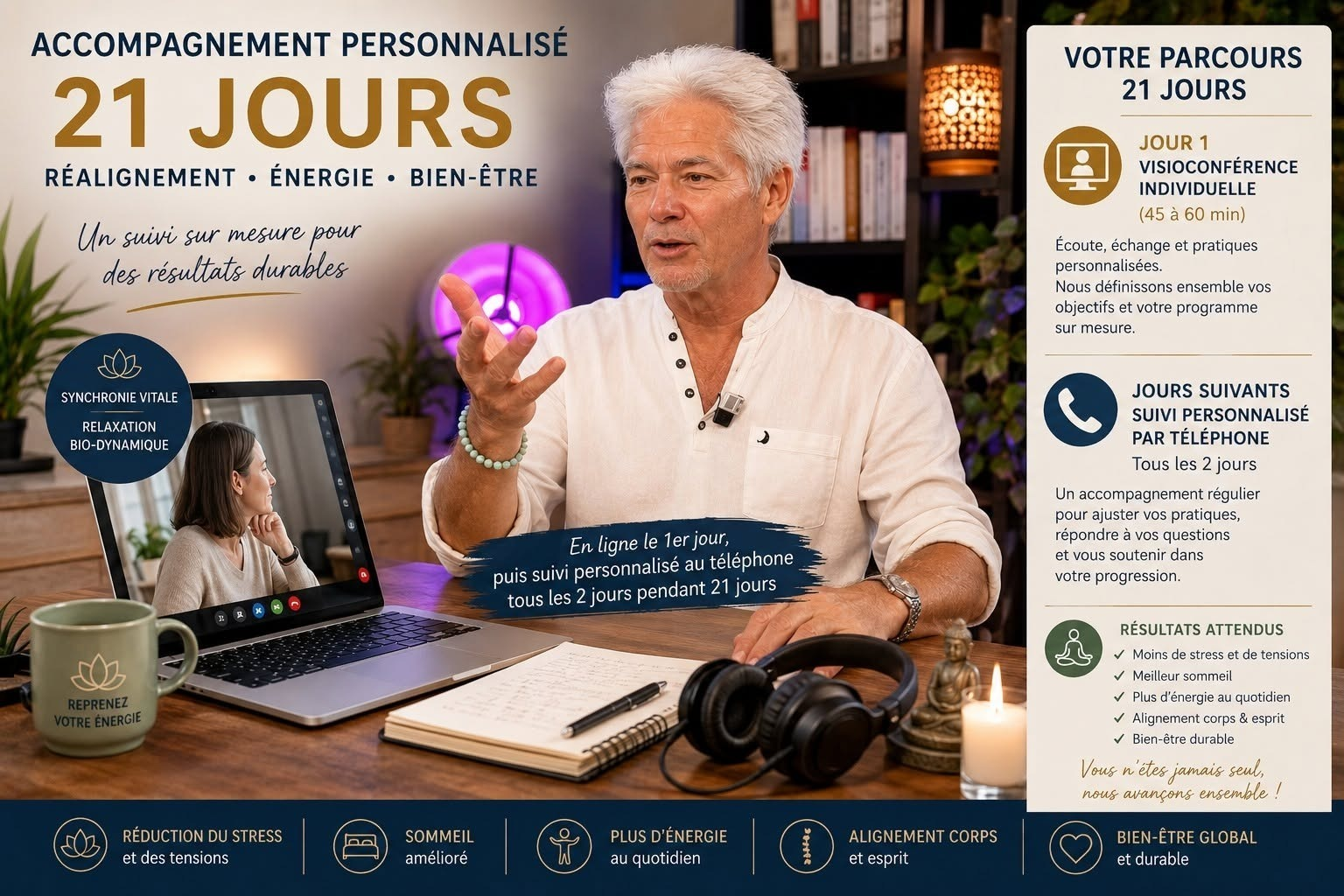 Accompagnement personnalisé 21 jours avec Pierre Pyronnet — visioconférence jour 1, suivi téléphonique tous les 2 jours, résultats attendus