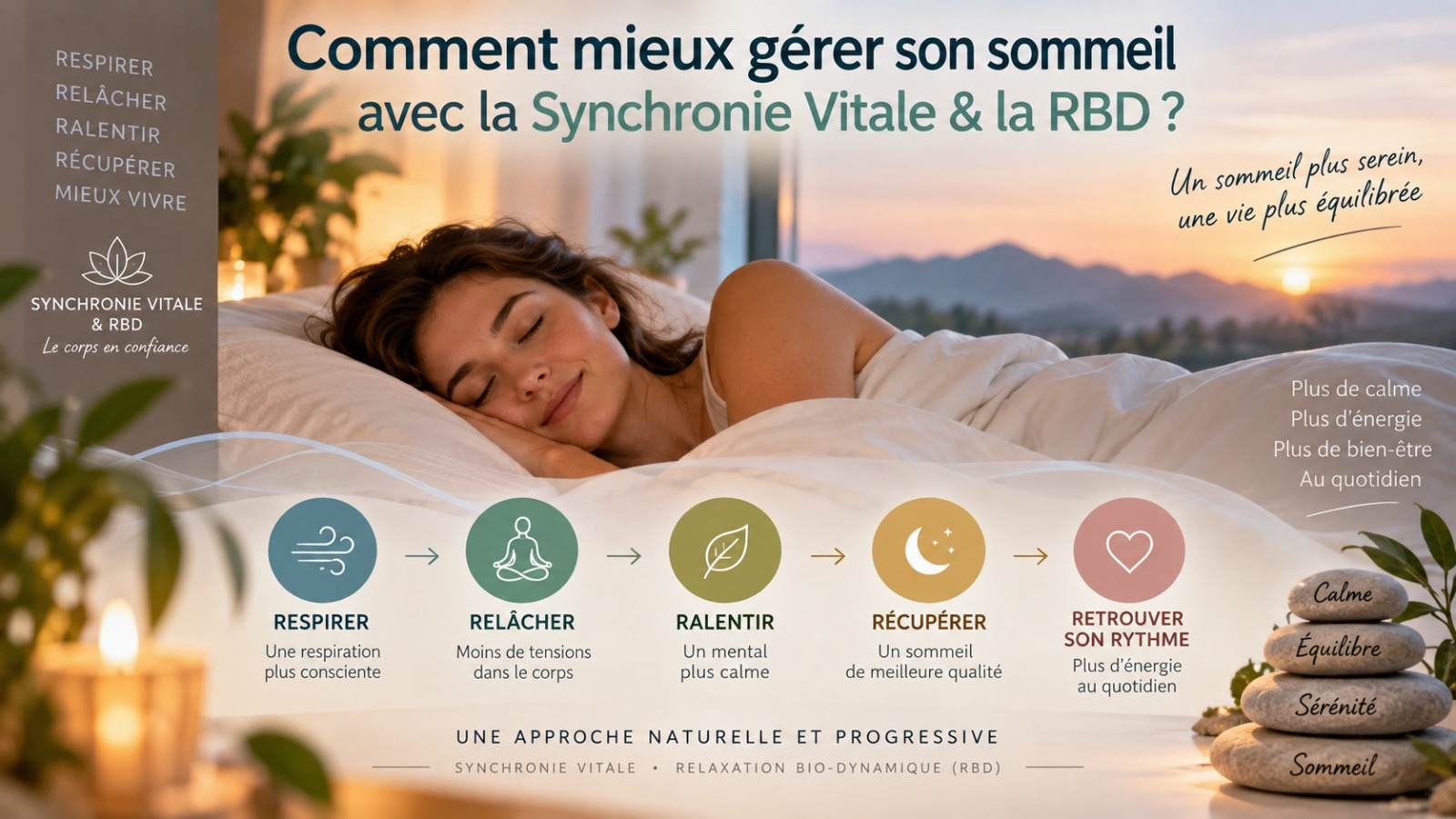 Femme endormie paisiblement : respirer, relâcher, ralentir, récupérer et retrouver son rythme avec la Synchronie Vitale et la Relaxation Bio-Dynamique