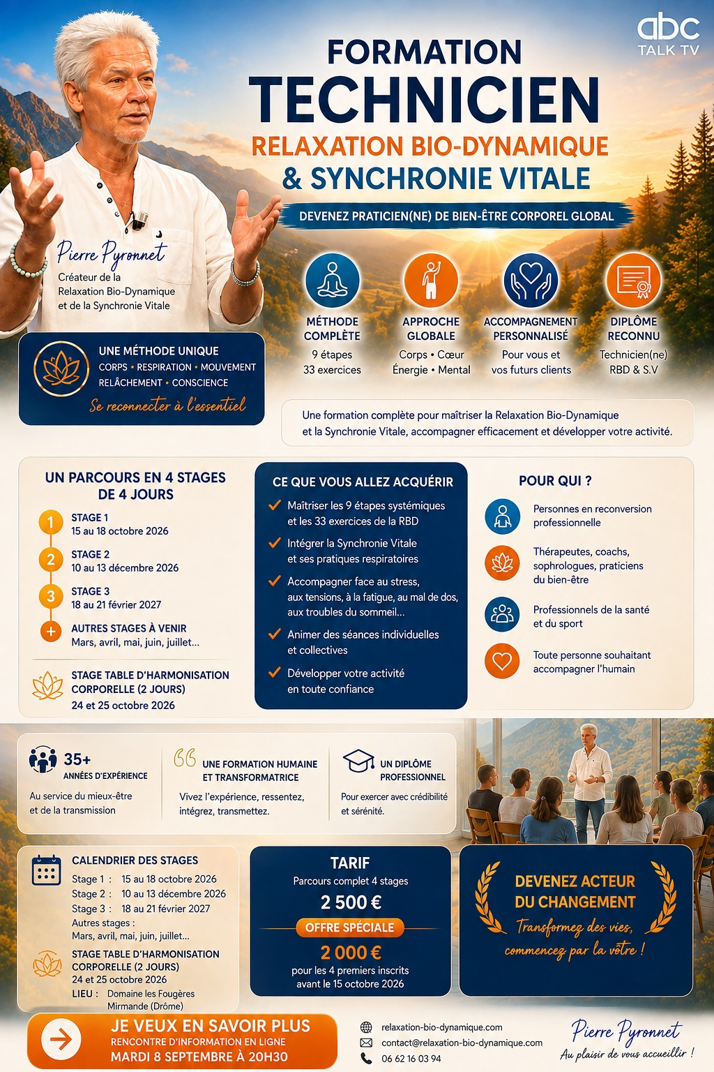 Affiche Formation Technicien en Relaxation Bio-dynamique et Synchronie Vitale avec Pierre Pyronnet : parcours en 4 stages de 4 jours, calendrier 2026-2027 et tarifs